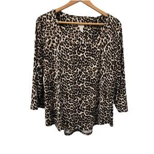 Chicos Women's Top S 3 US 16 Black/Tan Animal Print Leopard 3/4 Sleeve-Stretch